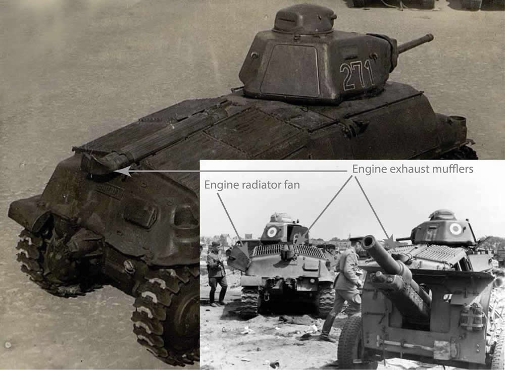 A collage of two wartime photos of French-built Somua S35 tanks showing the exact locations of engine radiator fans and exhaust mufflers.