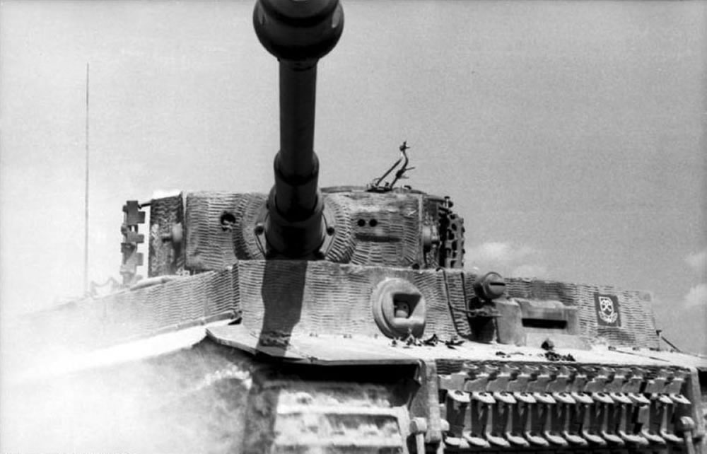 A close front view of German Tiger I tank of SS-Heavy-Panzer-Battalion 101 with its turret traversed slightly to the right, France, 1944