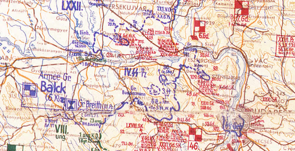 A German color wartime map showing the disposition of the opposing forces in the vicinity of Budapest on 12 January 1945.