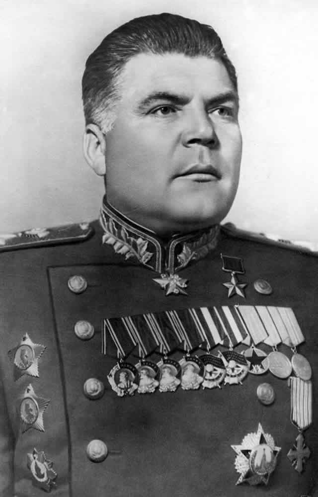 A black-and-white portrait photo of the Soviet Marshall Rodion Malinovsky presumably taken in 1945.