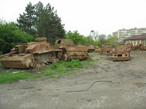 Wrecks of several recently recovered rusted panzers formerly used as pillboxes at the Bulgarian-Turkish border.