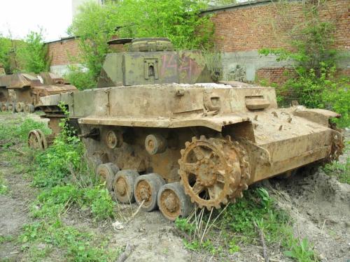 A partially rusted recovered Pz IV tank without main gun, formerly used as a pillbox at the Bulgarian-Turkish border.